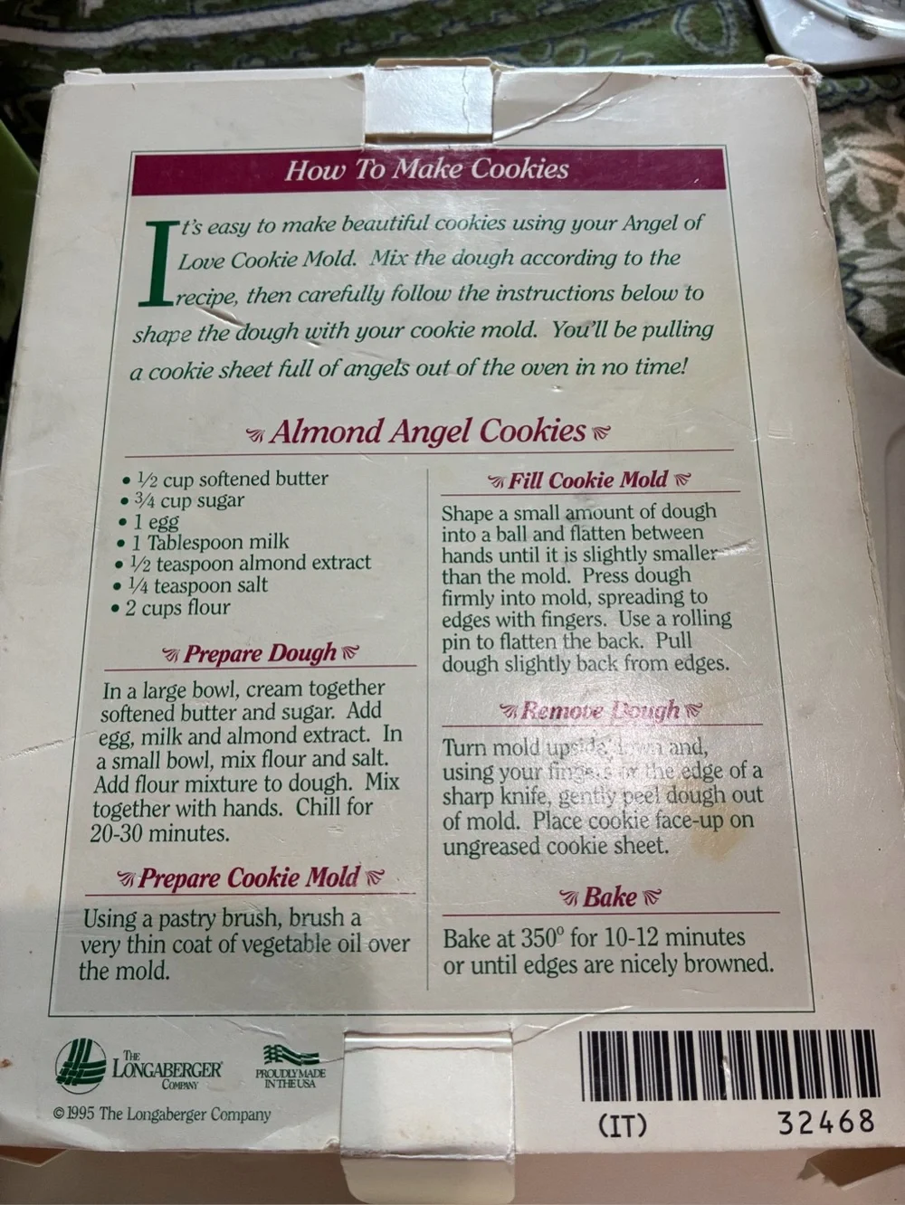 Longaberger 1995 Angel Series Cookie Mold. EC. 7.5”x6”. Original Box. “Love”